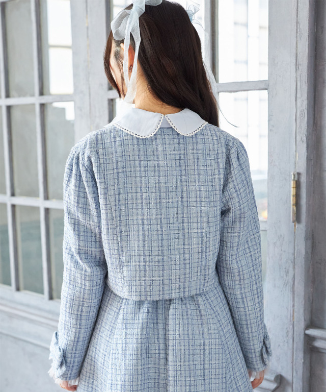 袖口りぼん＆チュールフリル付きラメツイードジャケット