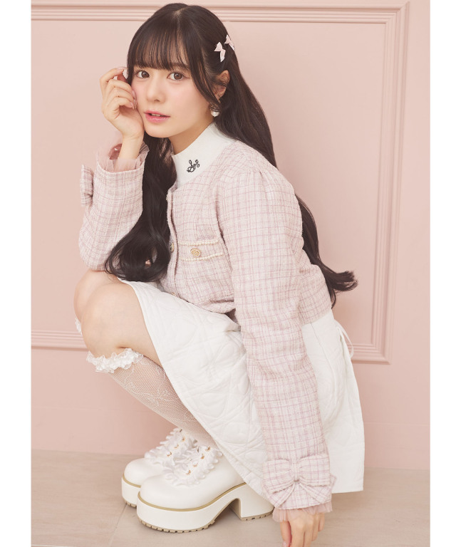 袖口りぼん＆チュールフリル付きラメツイードジャケット