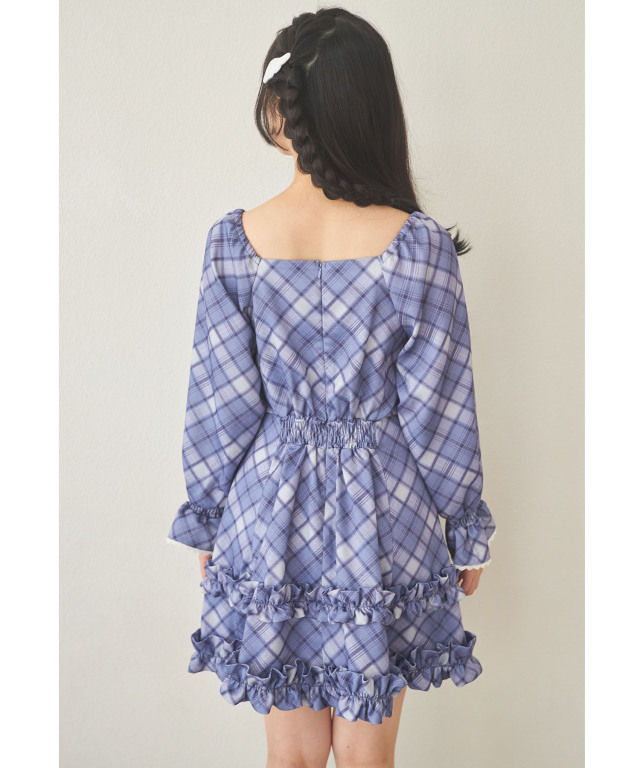 リボン＆フリル付きレース装飾チェックプリントワンピース