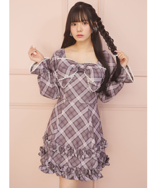 suyunn スユン　リボン＆フリル付きレース装飾チェックプリントワンピース
