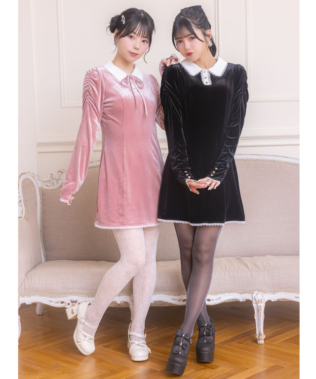 リボン付きハート飾り釦レース装飾ベロアワンピース