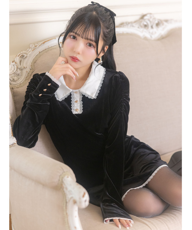 suyunn スユン　リボン付きハート飾り釦レース装飾ベロアワンピース