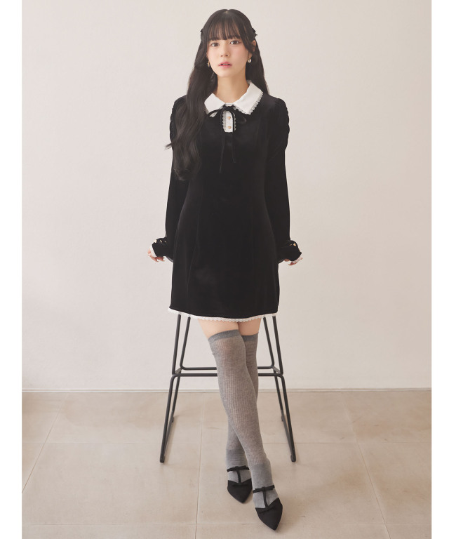 リボン付きハート飾り釦レース装飾ベロアワンピース