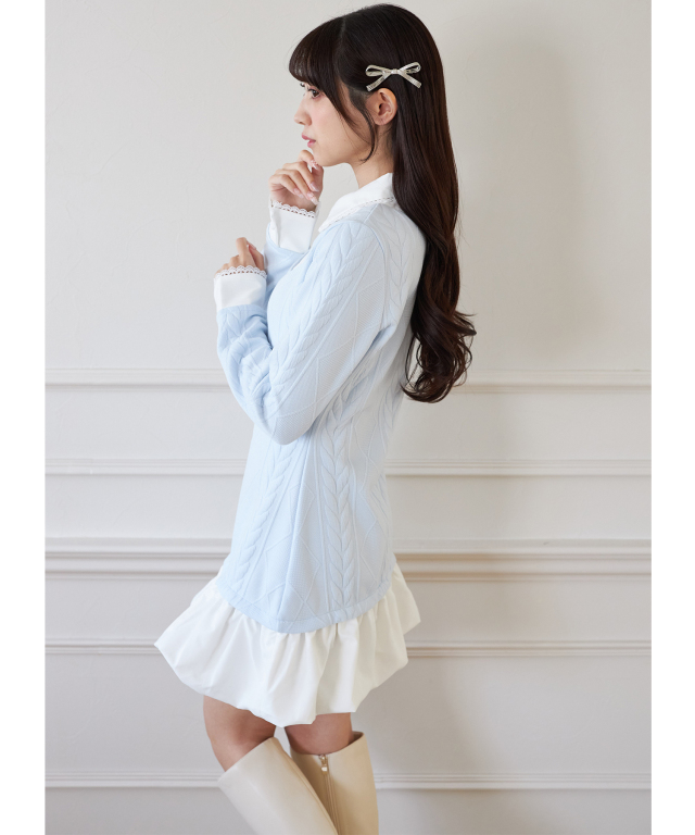 レース装飾シャツドッキングバルーンワンピース