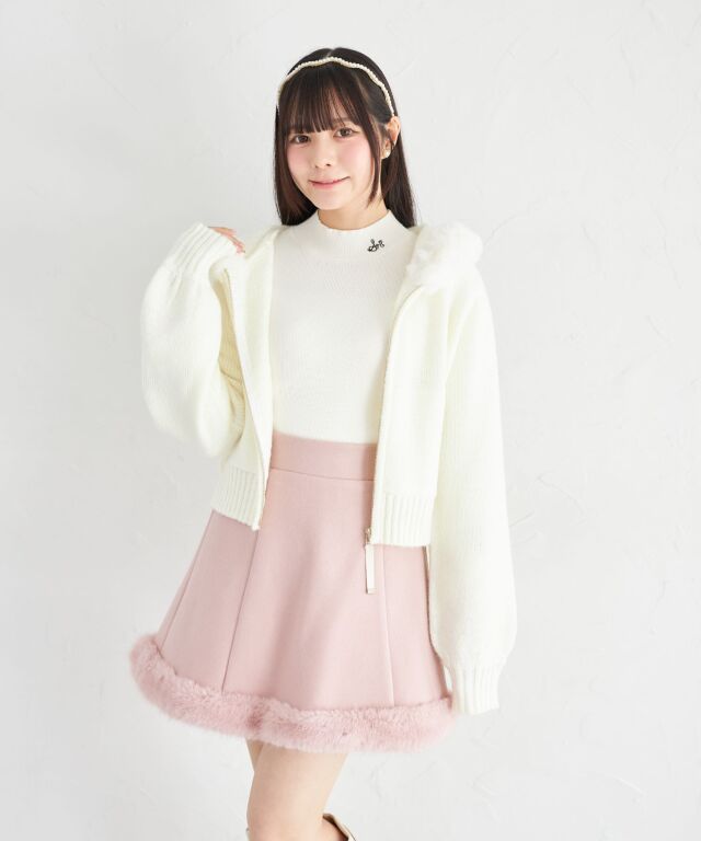 インナーパンツ付きビジューリボン装飾ファー切り替えミニスカート