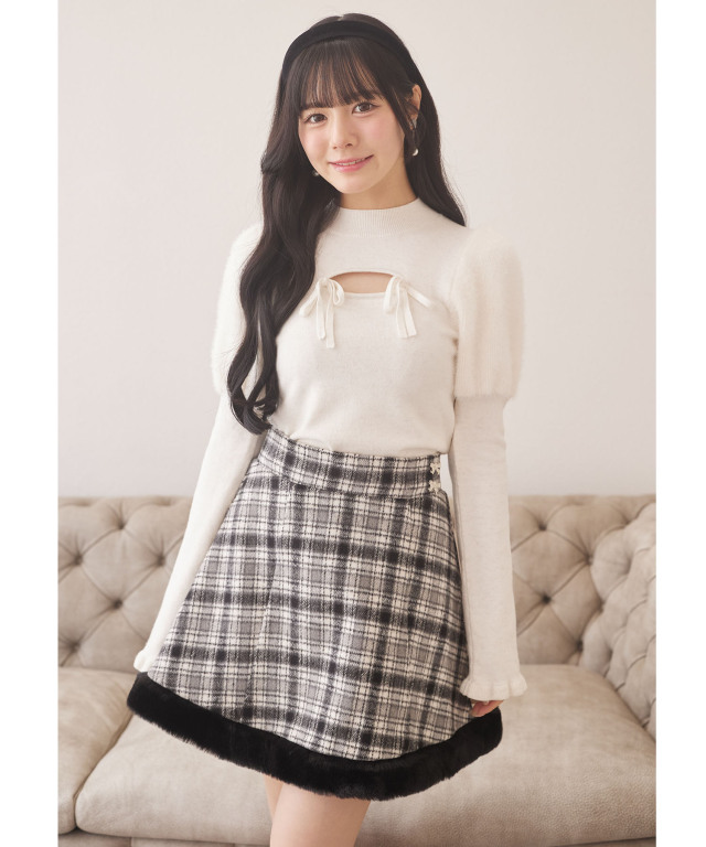 インナーパンツ付きビジューリボン装飾ファー切り替えミニスカート