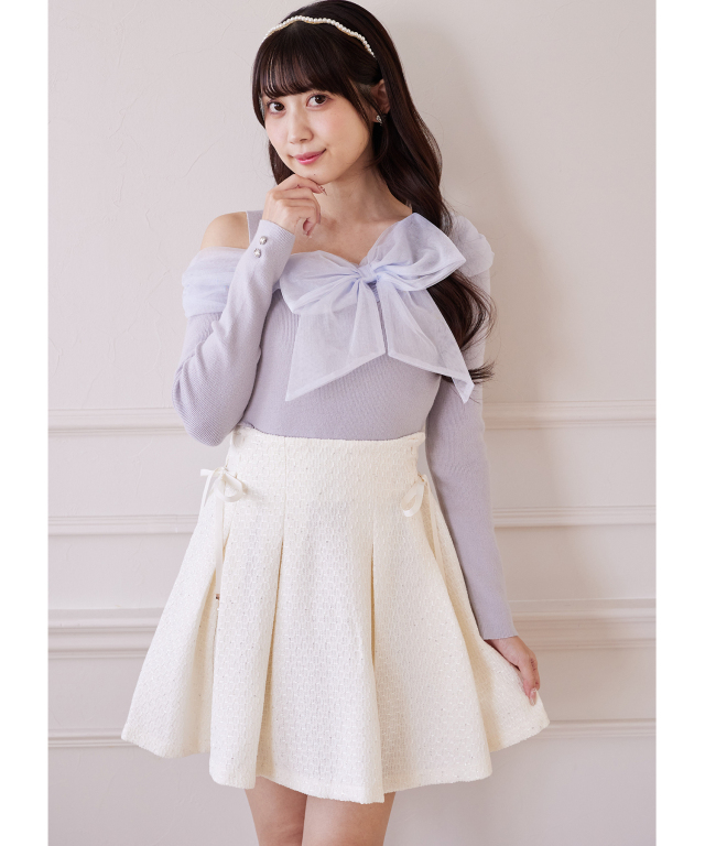 suyunn スユン　インナーパンツ付きサイドレースアップスパンコールツイードタックフレアスカート