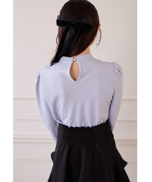 リボン＆ビジュー付きレースフリルハイネックカットソープルオーバー