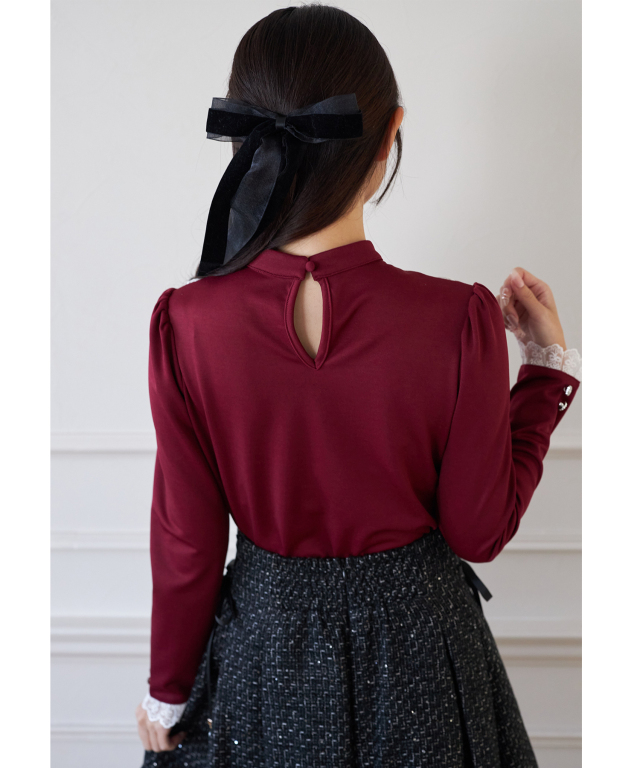 リボン＆ビジュー付きレースフリルハイネックカットソープルオーバー