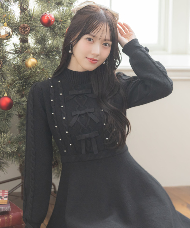 suyunn スユン　パール＆リボン付きケーブル編みニットフレアワンピース