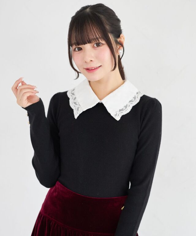 ★haruru★白襟黒ニット×リボンデザイントップス 2WAY刺繍ボウタイリボン付きレース襟ニットプルオーバー