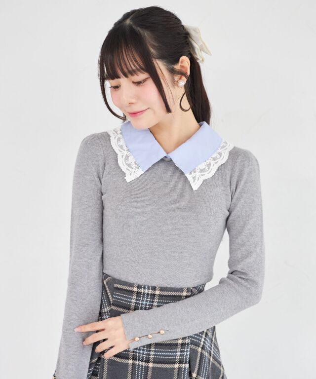 2WAY刺繍ボウタイリボン付きレース襟ニットプルオーバー