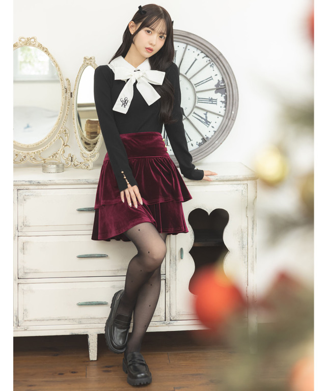 2WAY刺繍ボウタイリボン付きレース襟ニットプルオーバー