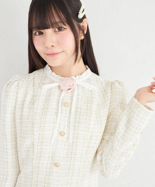 ローズリボン＆フリル付きラメツイードワンピース