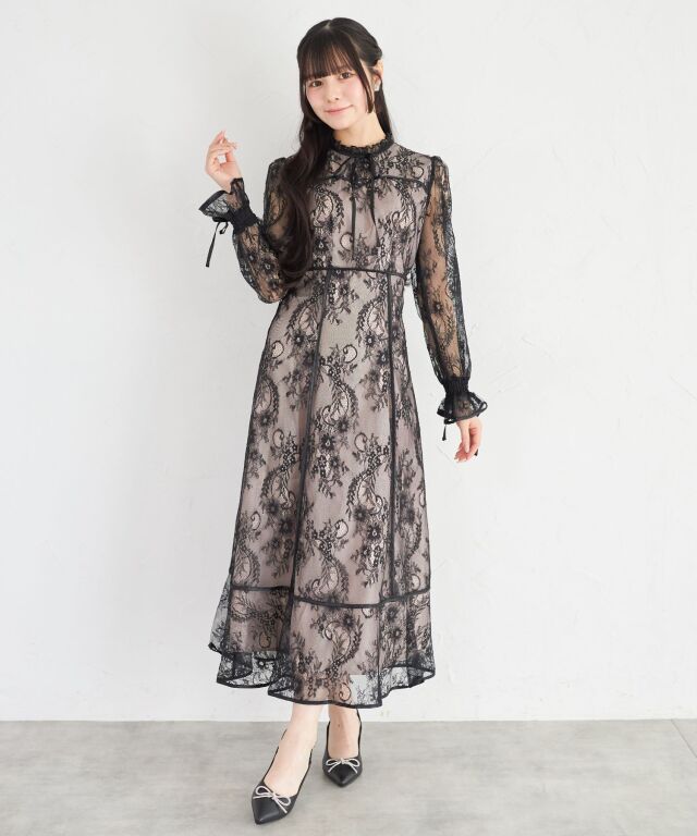 リボン付きフラワーラインレースワンピース