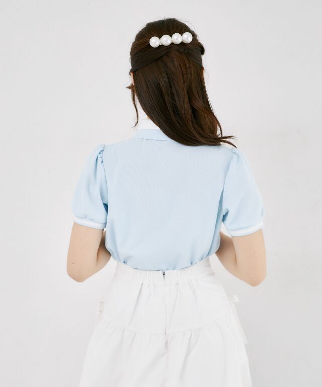 羽刺繍ダブルカラー配色ポロシャツ