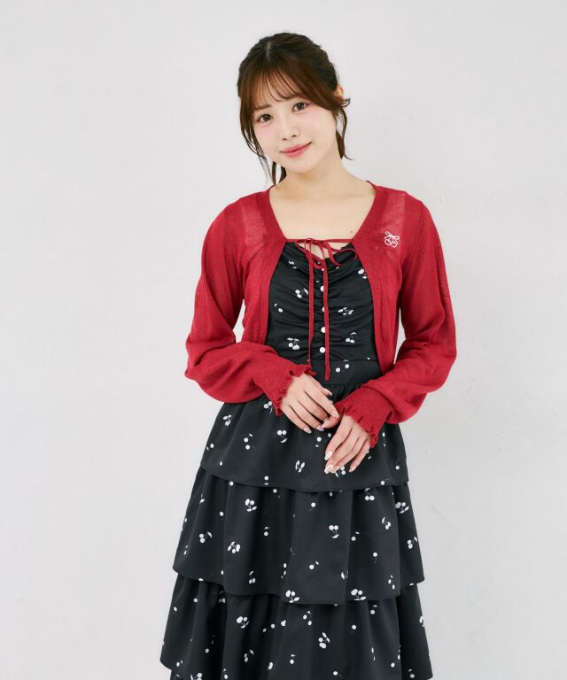 リボン付きチェリー刺繍シアーラメカーディガン