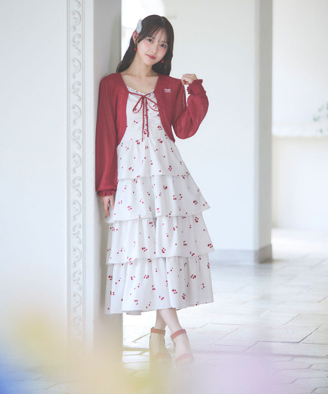 リボン付きチェリー刺繍シアーラメカーディガン