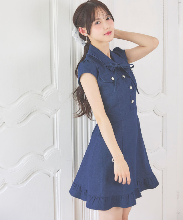 suyunn スユン　２ＷＡＹリボン付きフラワー釦デニムミニワンピース