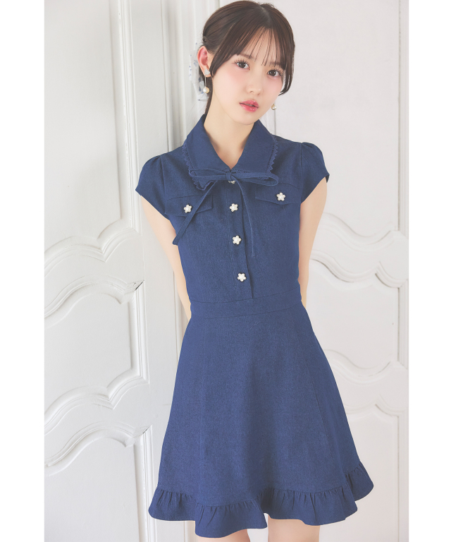 2WAYリボン付きフラワー釦デニムミニワンピース