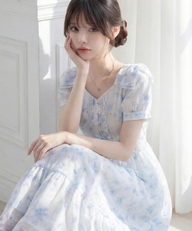 肩リボン付きシアーチェック×フラワープリントロングワンピース