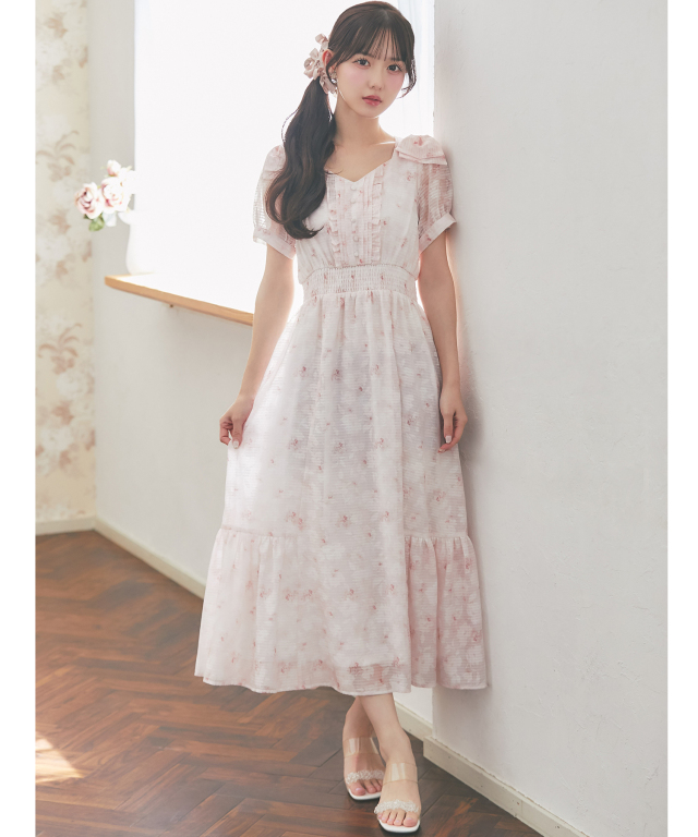 肩リボン付きシアーチェック×フラワープリントロングワンピース