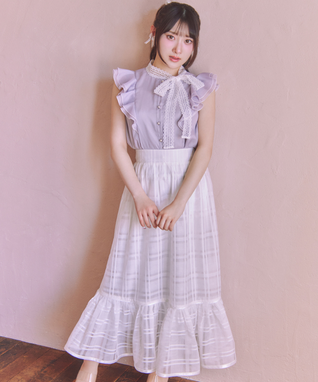 suyunn スユン　３ＷＡＹリボン付きパール釦シアーチェックロングスカート 