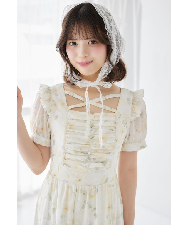 フリル付きクロスネックラメフラワープリントワンピース