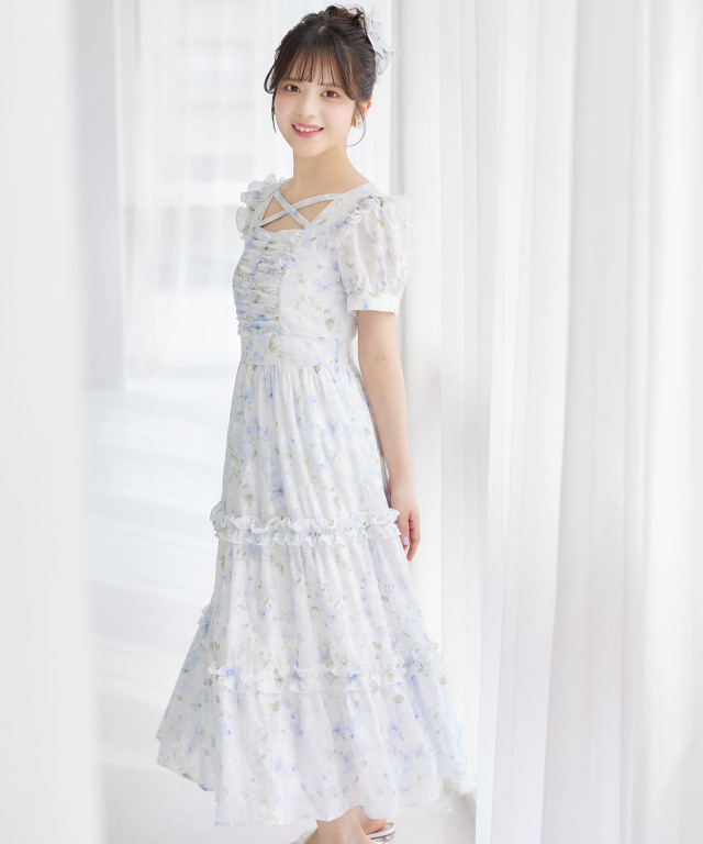 フリル付きクロスネックラメフラワープリントワンピース