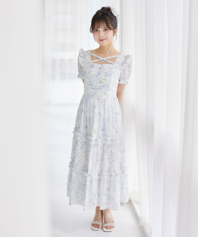 freckle ワンピース フリル付き フリル付きクロスネックラメフラワープリントワンピース