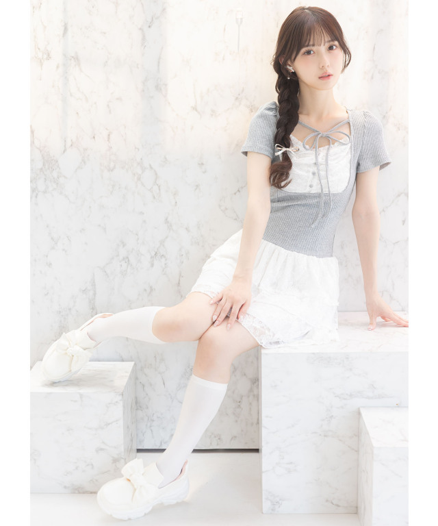着るだけで美シルエット♪リボン付きレースドッキングリブカットミニ