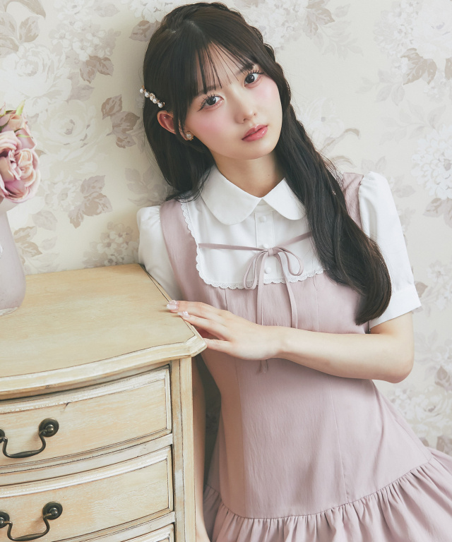 名門令嬢ムード漂う♪ウエスト－5cmリボン付きラインレース装飾シャツ