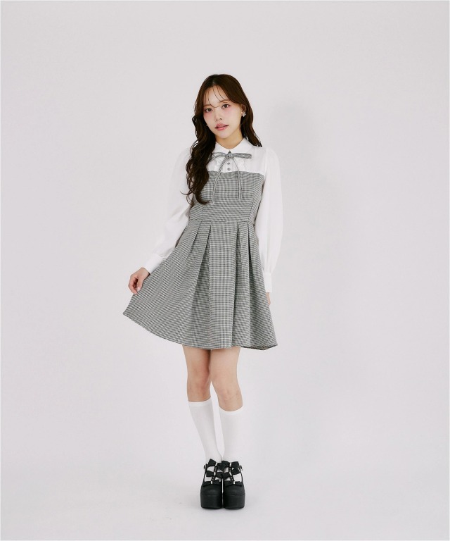 名媛ライクな上品さ♪美シルエットを叶える千鳥柄シャツ切替ウエスト