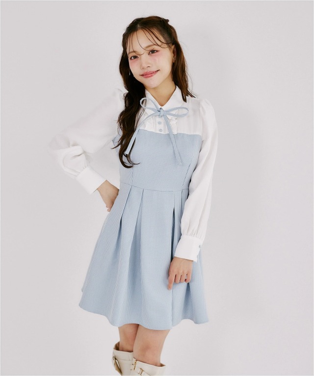 モノトーン×千鳥柄◆女の子　スクール3点セット❤︎ 名媛ライクな上品さ♪美シルエットを叶える千鳥柄シャツ切替ウエスト