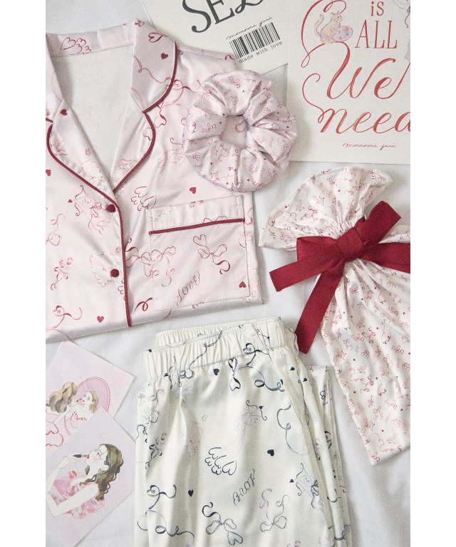 minnie  パジャマ×シュシュ ロマンティックパターンパジャマ上下セット×巾着×シュシュ 3点セット