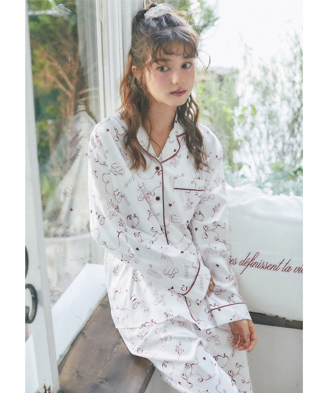 ロマンティックパターンパジャマ上下セット×巾着×シュシュ 3点セット