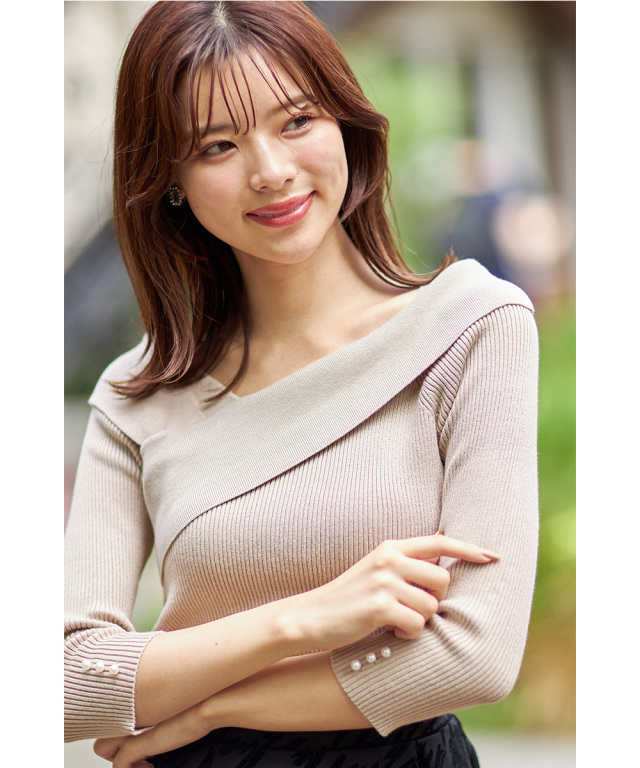 美品】ルシェルブルー ハーフ袖 5分袖 リブニットトップス 無地 clear  