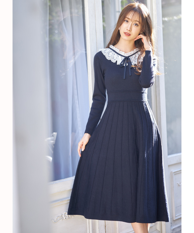 みんなにモテる愛され力 リボン フリルレース襟付きニットワンピース