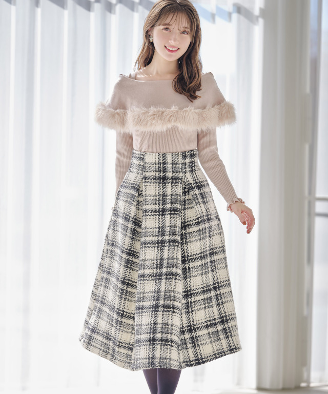 チェック柄ツイードタックフレアスカート≪tocco closet luxe≫ 