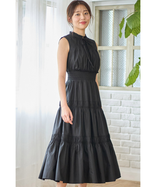 フリル＆リボン付きコットンライクシャーリングワンピース 
