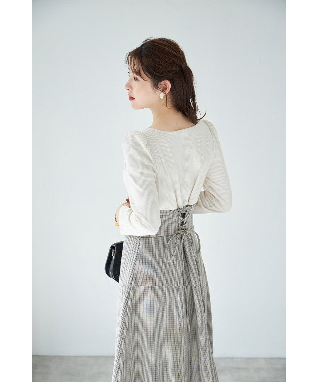 飾り釦付きバックレースアップ千鳥柄ドッキングワンピース 