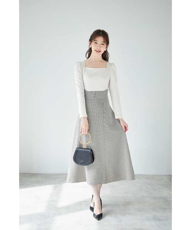 飾り釦付きバックレースアップ千鳥柄ドッキングワンピース 