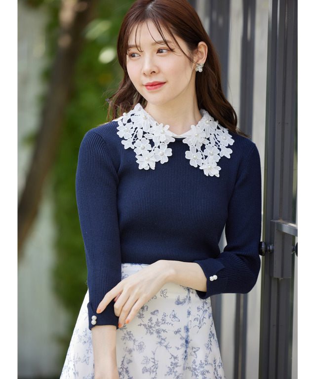 2WAYレース襟付き袖口パール装飾リブニットプルオーバー 