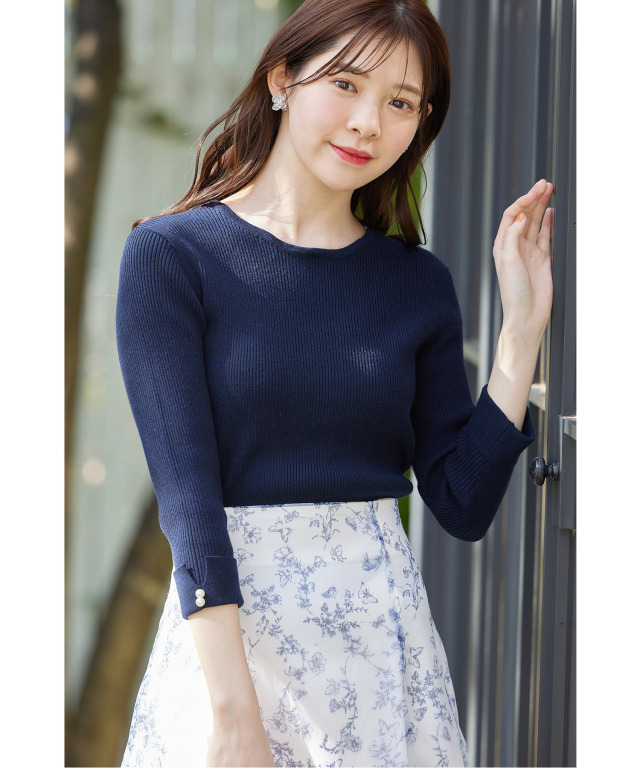 2WAYレース襟付き袖口パール装飾リブニットプルオーバー 