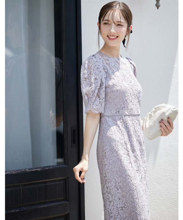 後ろリボン付きパフスリーブレースタイトワンピース 