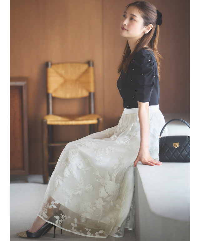 フラワー刺繍オーガンジーボリュームフレアスカート 