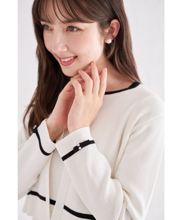 トッコクローゼット♡プチリボン＆ビジュー付き配色ニットカーディガン ホワイト プチリボン＆ビジュー付き配色ニットカーディガン