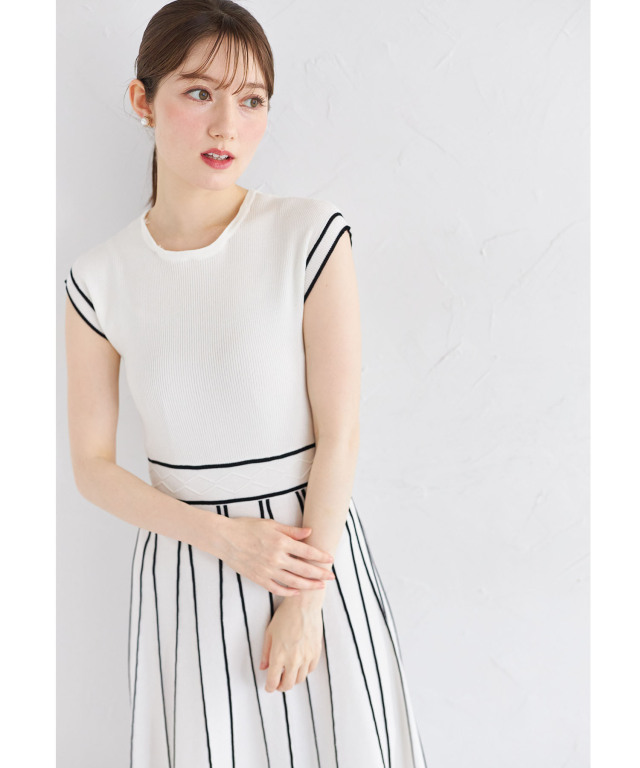 tocco ２ＷＡＹフラワーレース襟付き配色ラインプリーツニットワンピース トッコクローゼット tocco closet 2WAYフラワーレース襟付き配色