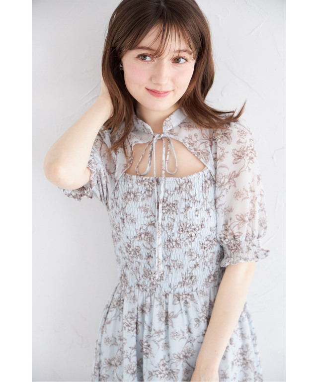 【新品未使用タグ付き】トッコ リボンシャーリングプリーツ水彩フラワーワンピース ベルト付き水彩シアーフラワープリントシャツワンピース