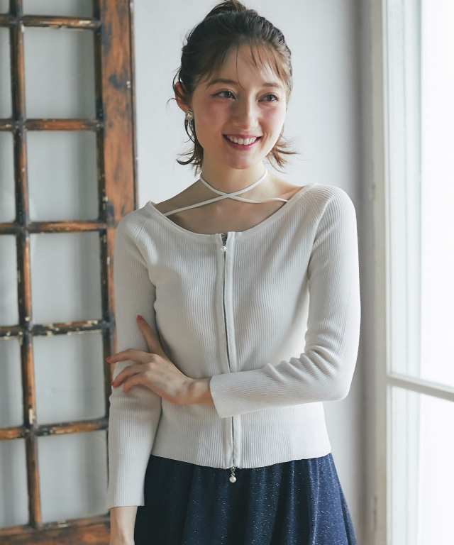 トッコクローゼット tocco closet 3WAYリボン付きパールジップリブニットプルオーバー 3WAYリボン付きパールジップリブニットプルオーバー